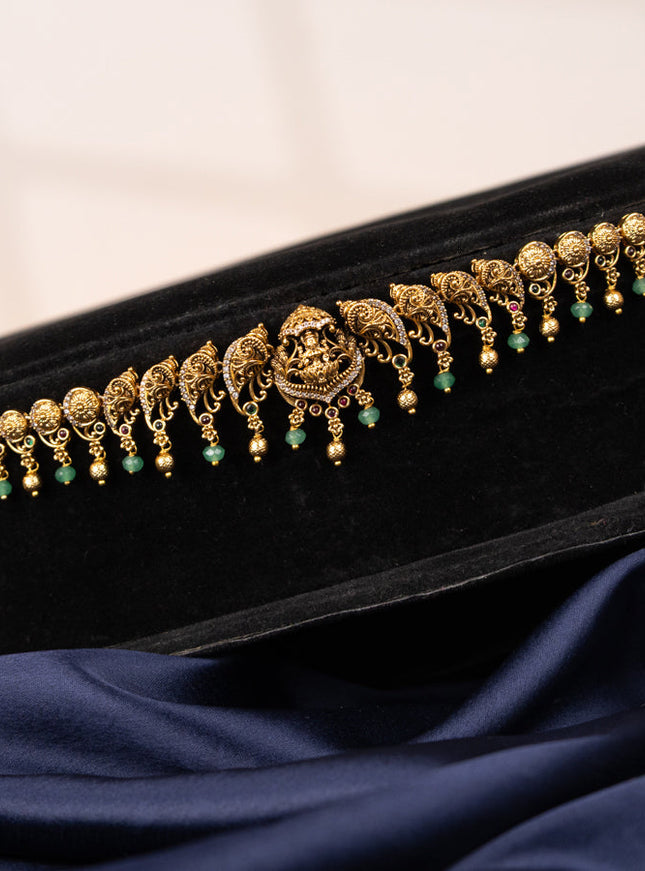 Antique hip chain lakshmi design with kemp & cz stones and mint green beads hangings