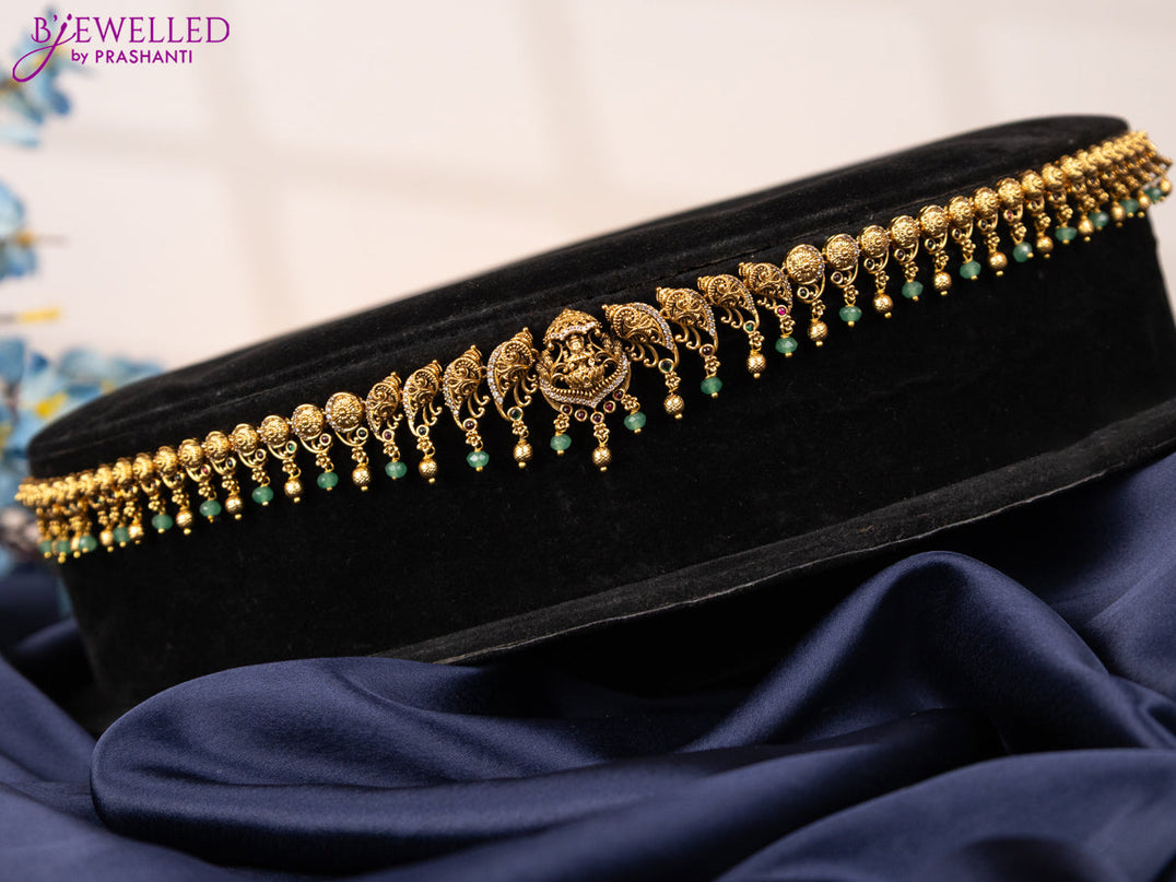 Antique hip chain lakshmi design with kemp & cz stones and mint green beads hangings