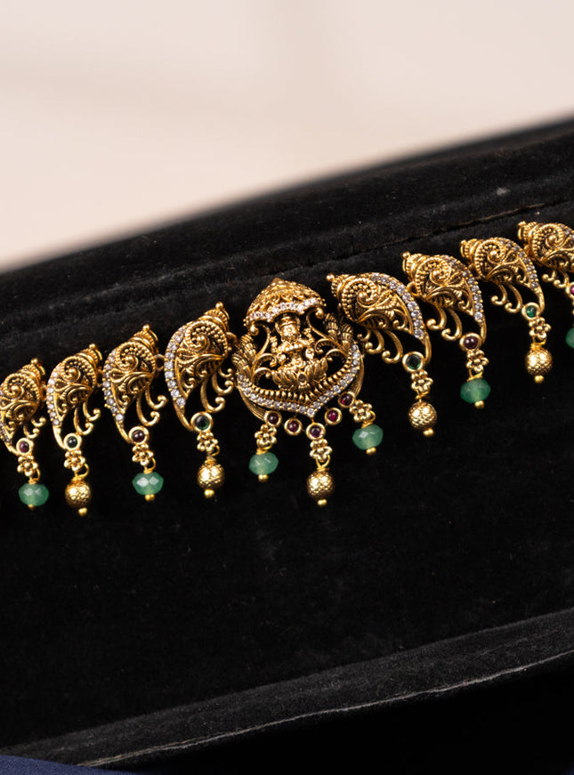 Antique hip chain lakshmi design with kemp & cz stones and mint green beads hangings