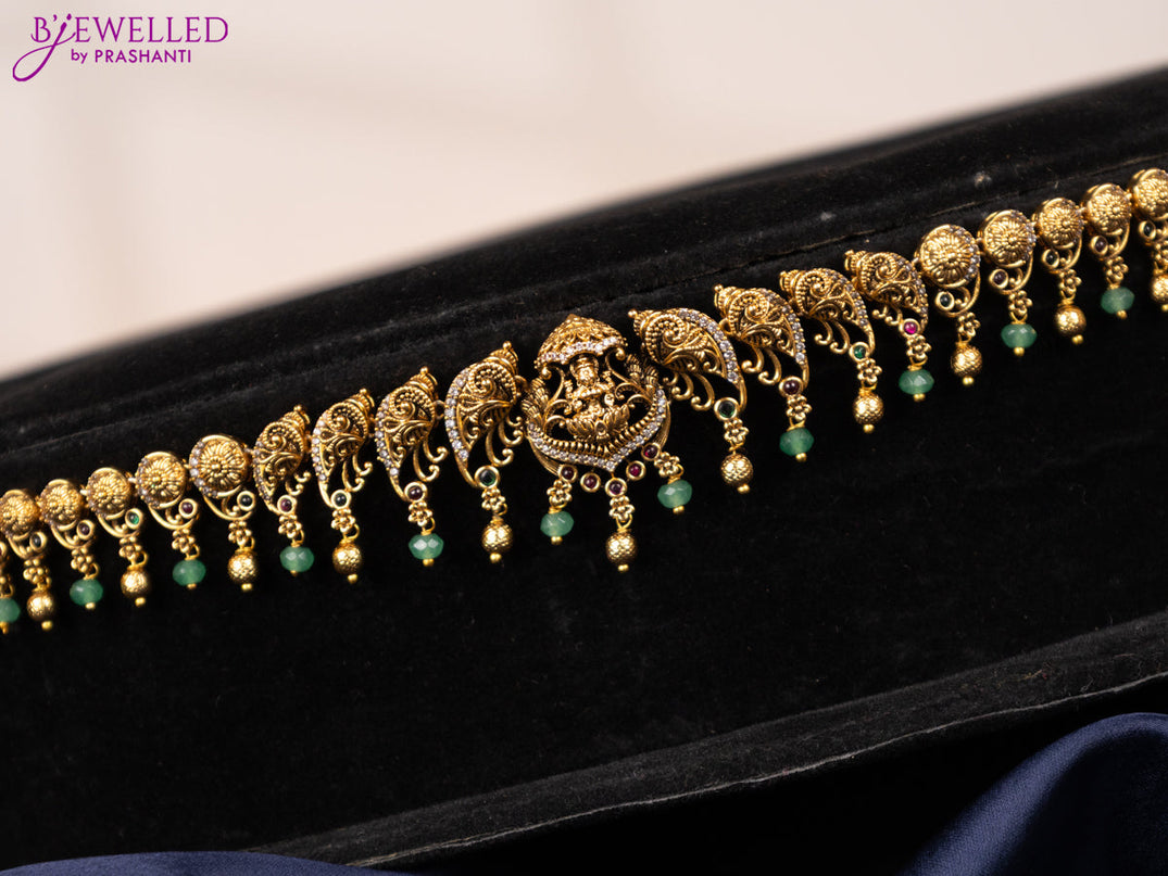 Antique hip chain lakshmi design with kemp & cz stones and mint green beads hangings