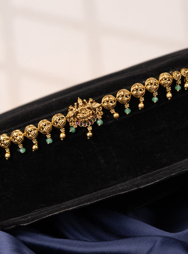 Antique hip chain lakshmi design with kemp stones and mint green & golden beads hangings
