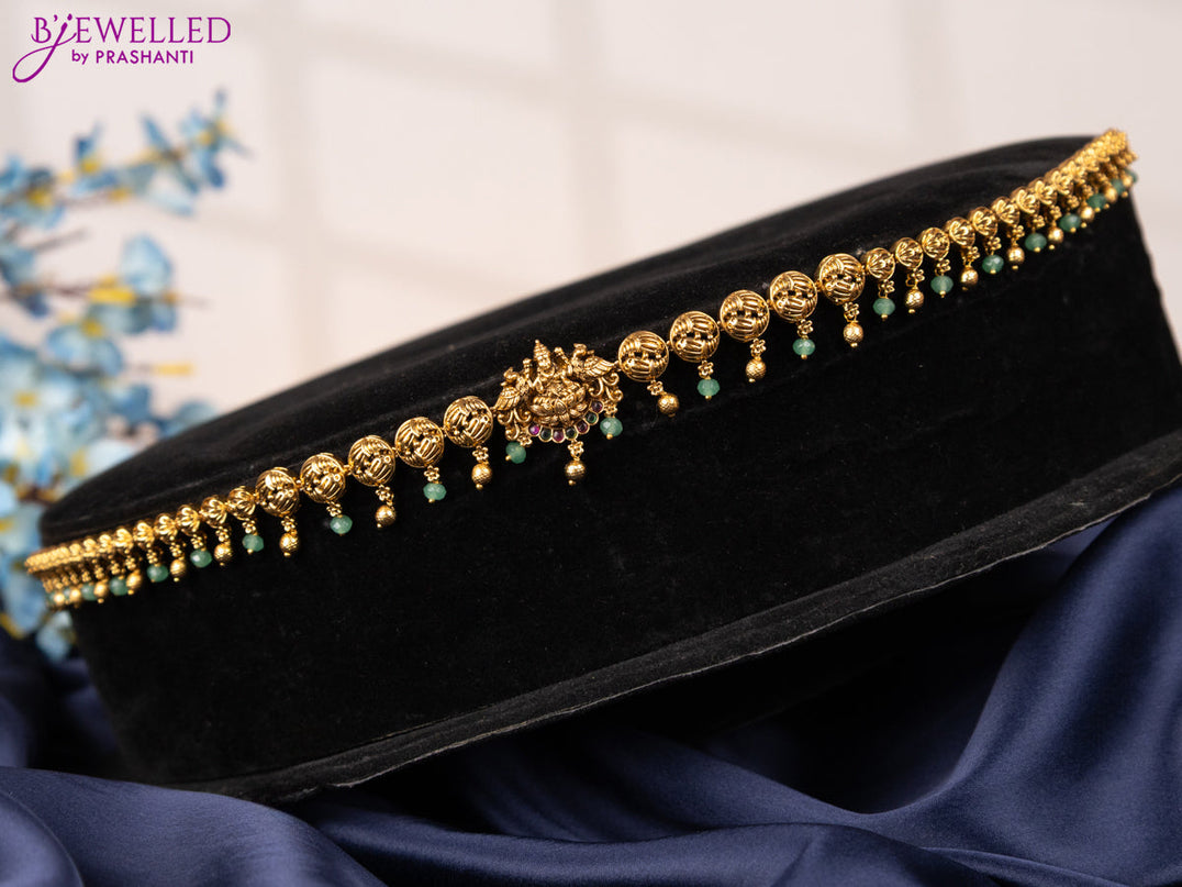Antique hip chain lakshmi design with kemp stones and mint green & golden beads hangings