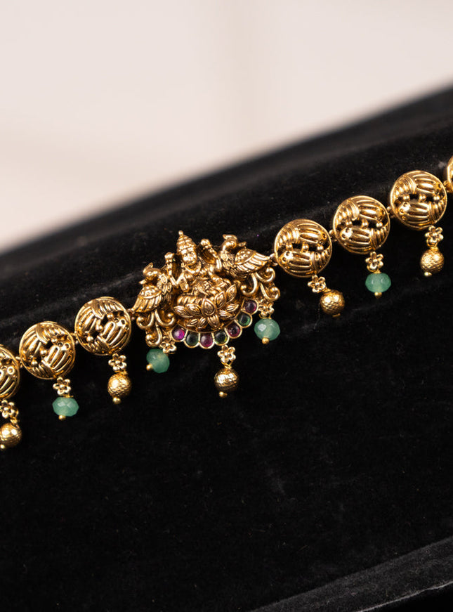 Antique hip chain lakshmi design with kemp stones and mint green & golden beads hangings