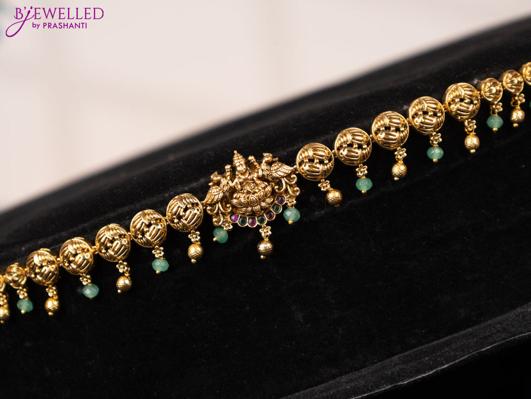 Antique hip chain lakshmi design with kemp stones and mint green & golden beads hangings