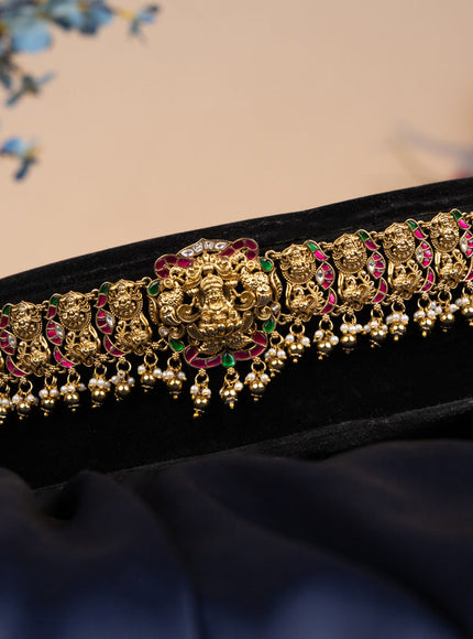 Antique hip chain lakshmi design with kemp jadau kundan stones and golden beads hangings