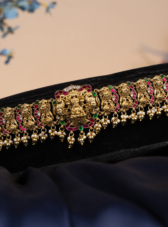 Antique hip chain lakshmi design with kemp jadau kundan stones and golden beads hangings