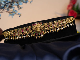 Antique hip chain lakshmi design with kemp jadau kundan stones and golden beads hangings