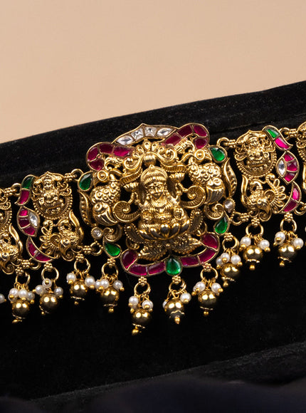 Antique hip chain lakshmi design with kemp jadau kundan stones and golden beads hangings