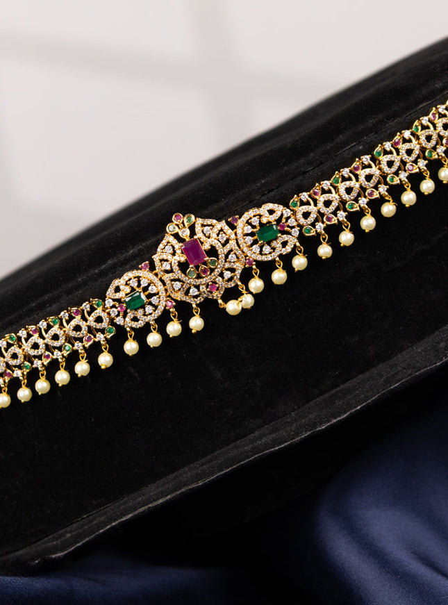 Antique hip chain with kemp & cz stones and pearl hangings