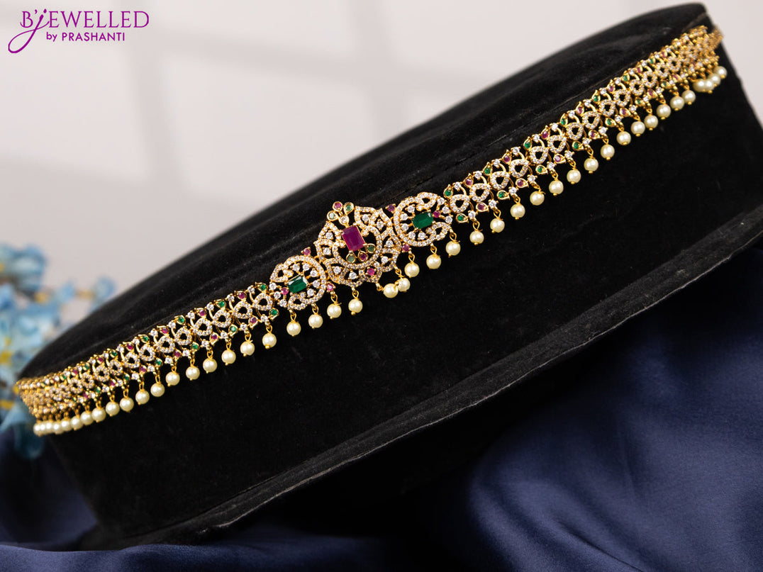 Antique hip chain with kemp & cz stones and pearl hangings