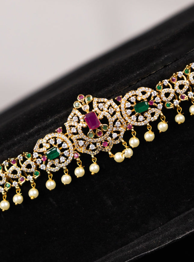 Antique hip chain with kemp & cz stones and pearl hangings