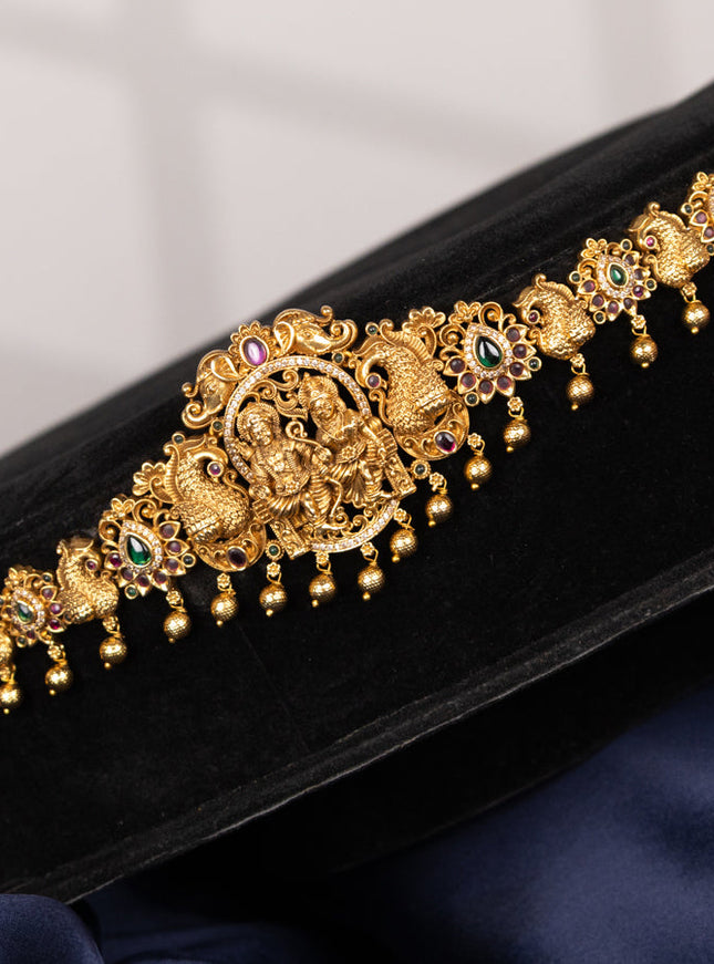 Antique hip chain ram darbar design with kemp & cz stones and golden beads hangings