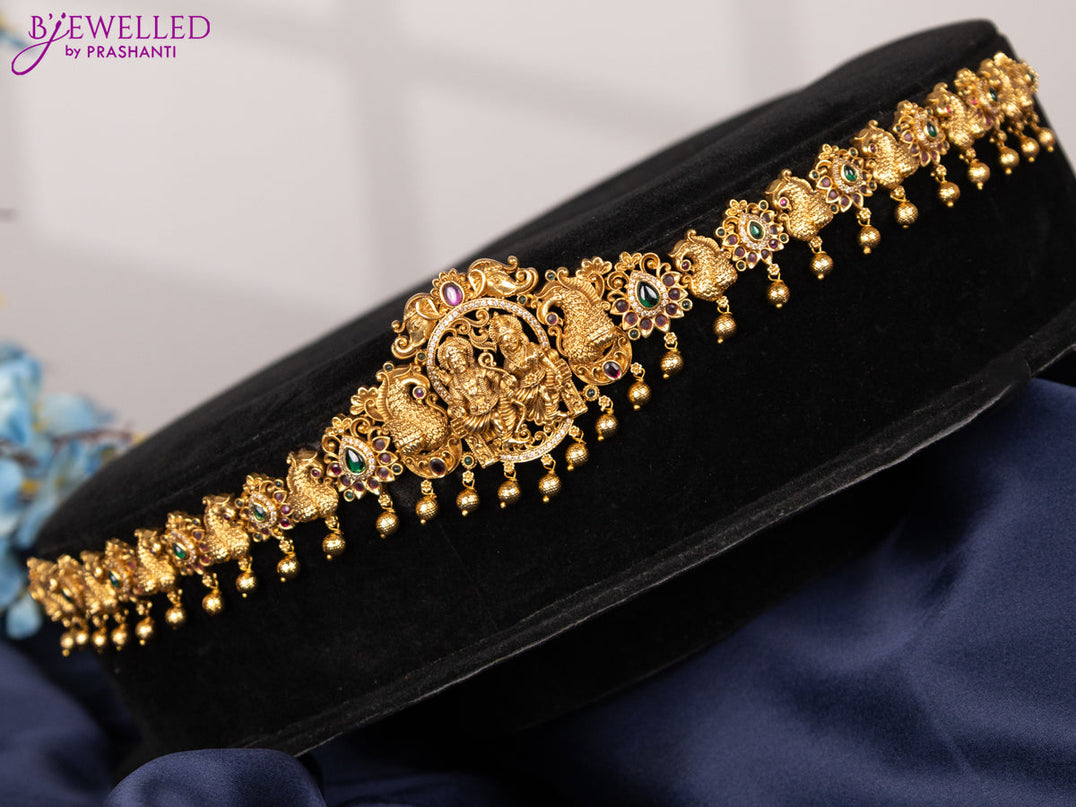 Antique hip chain ram darbar design with kemp & cz stones and golden beads hangings