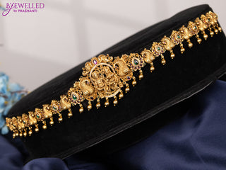 Antique hip chain ram darbar design with kemp & cz stones and golden beads hangings