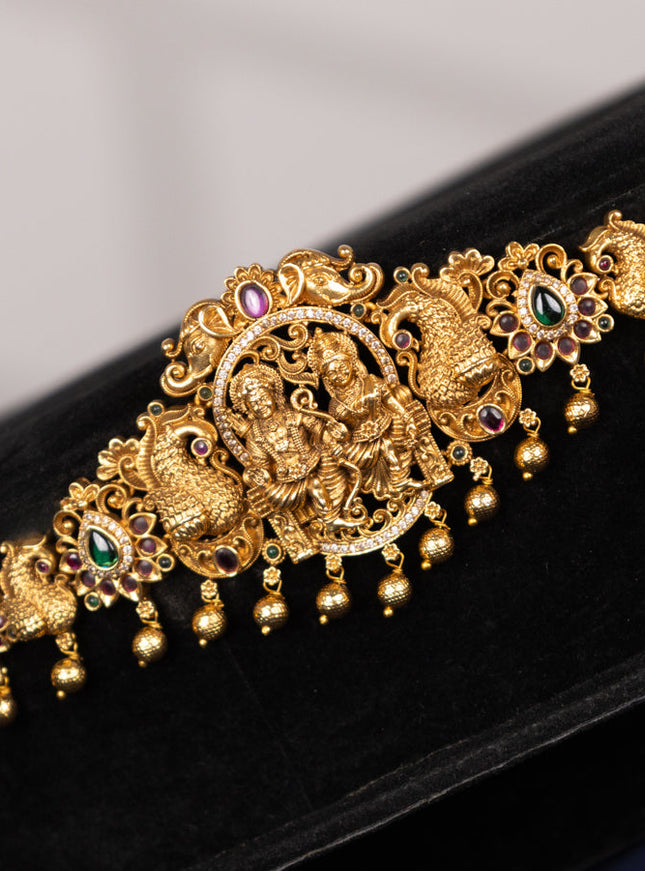 Antique hip chain ram darbar design with kemp & cz stones and golden beads hangings