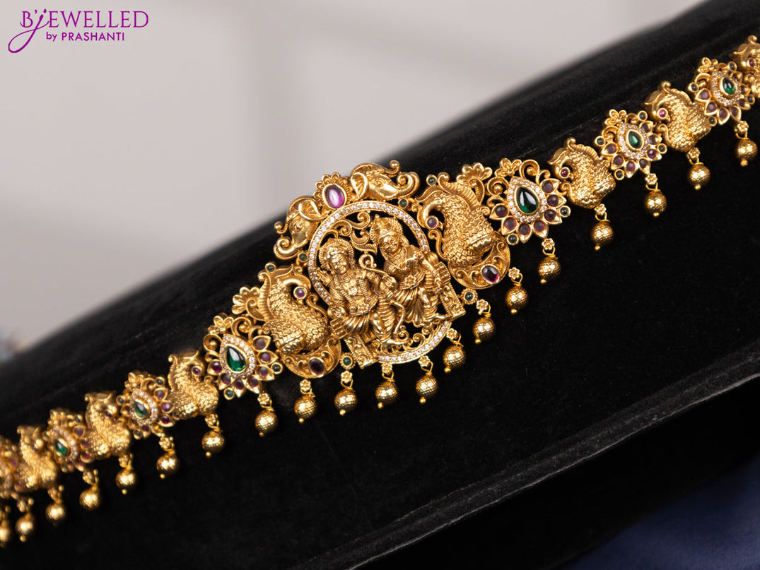 Antique hip chain ram darbar design with kemp & cz stones and golden beads hangings