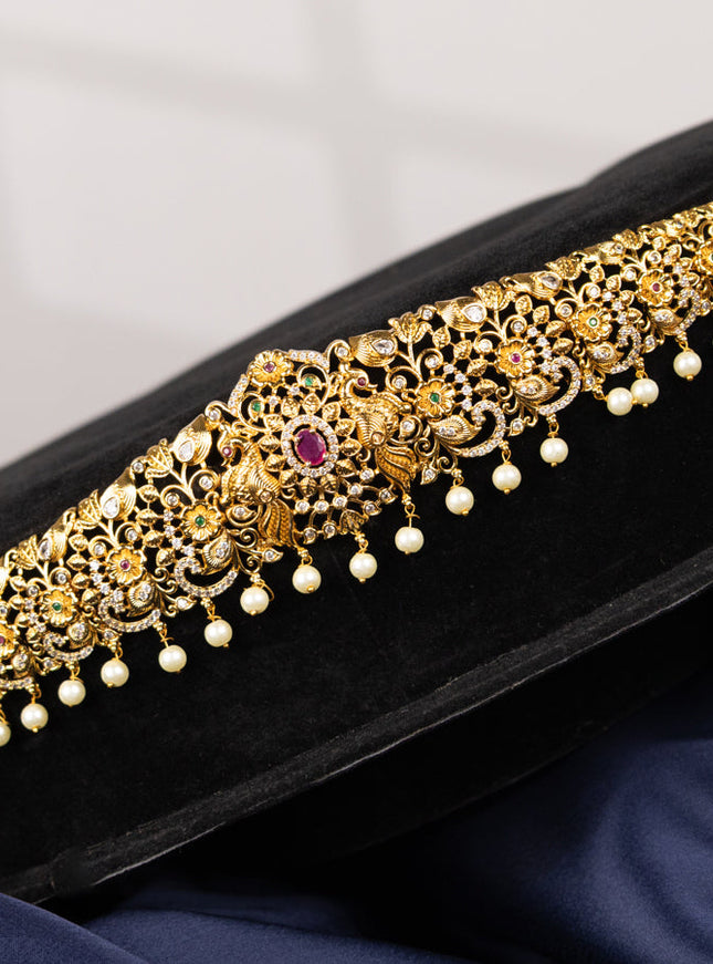 Antique hip chain floral design with kemp & cz stones and pearl hangings