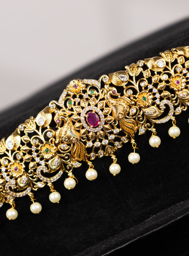 Antique hip chain floral design with kemp & cz stones and pearl hangings