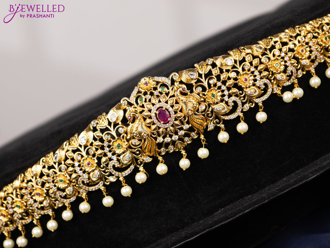 Antique hip chain floral design with kemp & cz stones and pearl hangings