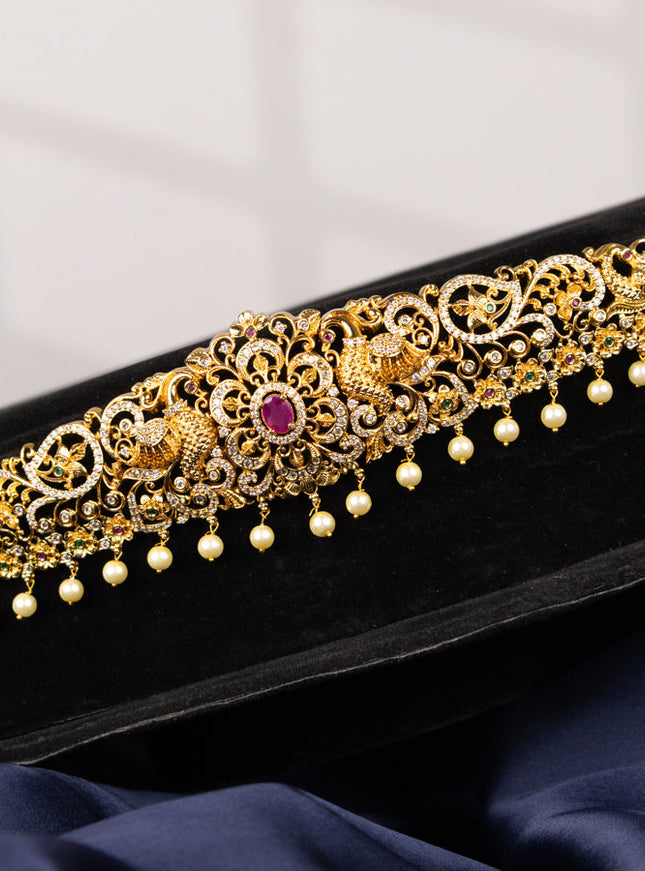 Antique hip chain peacock design with kemp & cz stones and pearl hangings