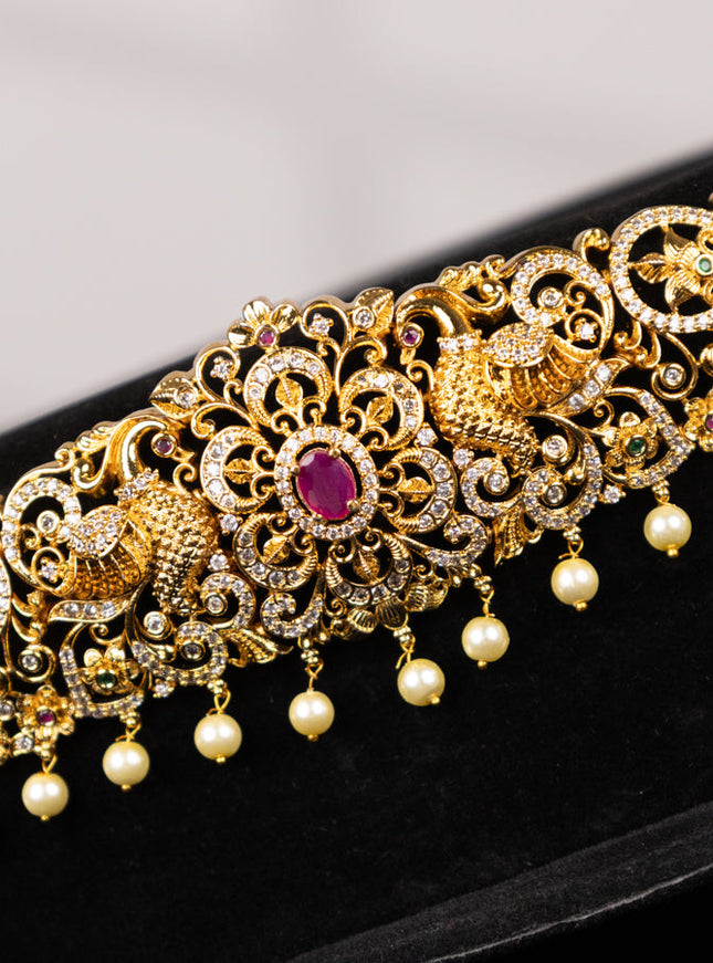 Antique hip chain peacock design with kemp & cz stones and pearl hangings