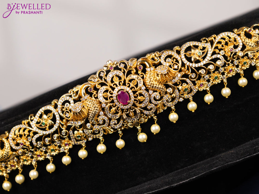 Antique hip chain peacock design with kemp & cz stones and pearl hangings