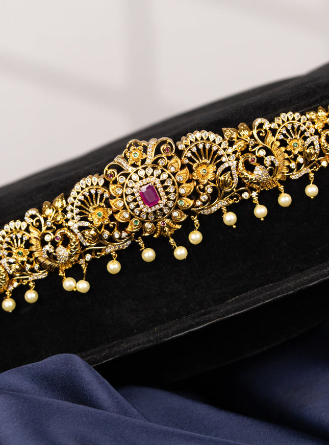 Antique hip chain peacock design with kemp & cz stones and pearl hangings