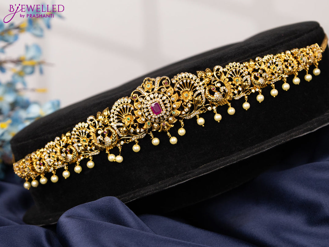 Antique hip chain peacock design with kemp & cz stones and pearl hangings