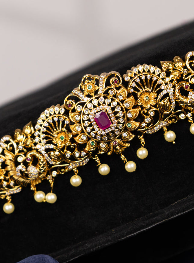 Antique hip chain peacock design with kemp & cz stones and pearl hangings