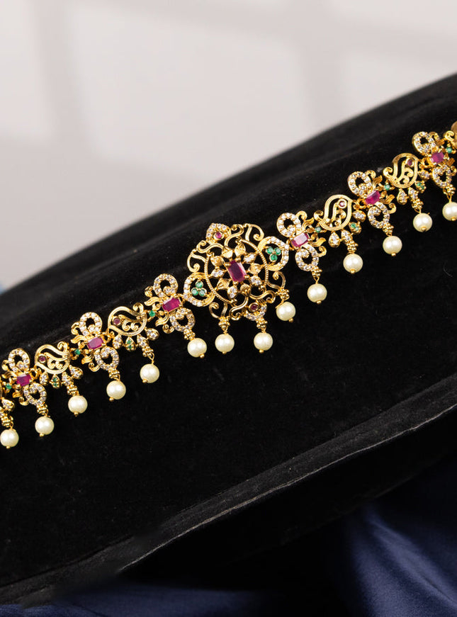 Antique hip chain with kemp & cz stones and pearl hangings
