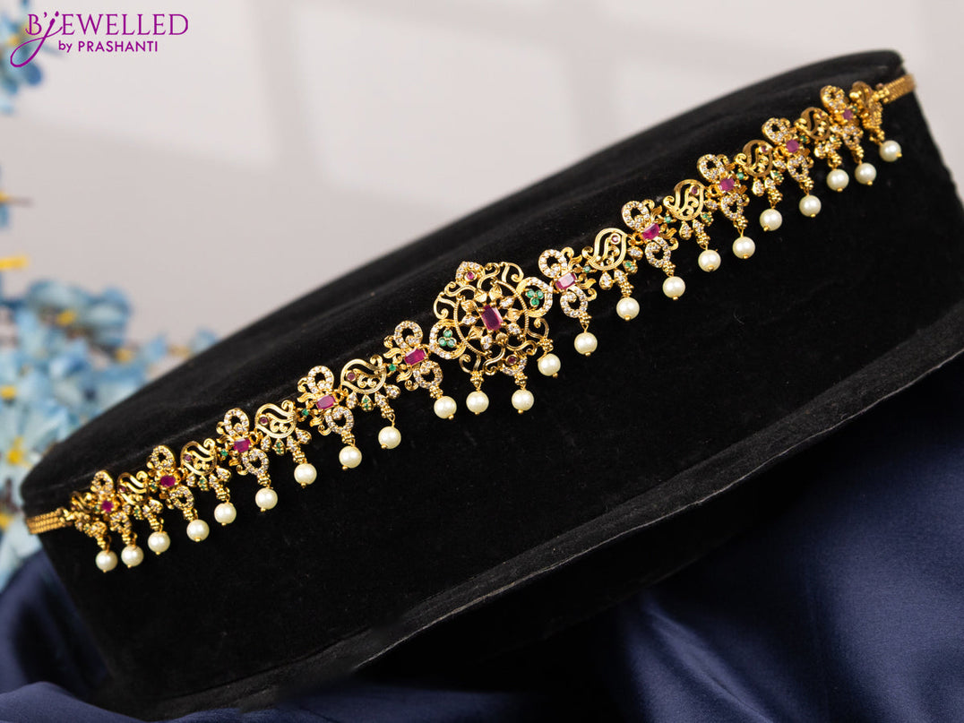 Antique hip chain with kemp & cz stones and pearl hangings