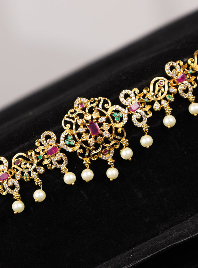 Antique hip chain with kemp & cz stones and pearl hangings