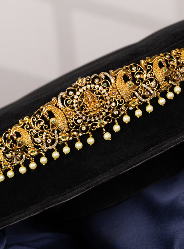 Antique hip chain lakshmi design with kemp & cz stones and pearl hangings