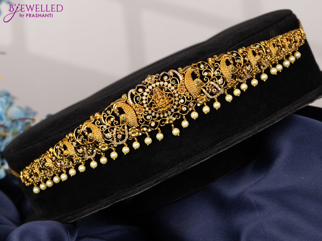 Antique hip chain lakshmi design with kemp & cz stones and pearl hangings