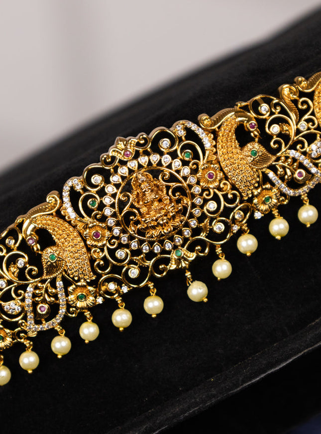 Antique hip chain lakshmi design with kemp & cz stones and pearl hangings