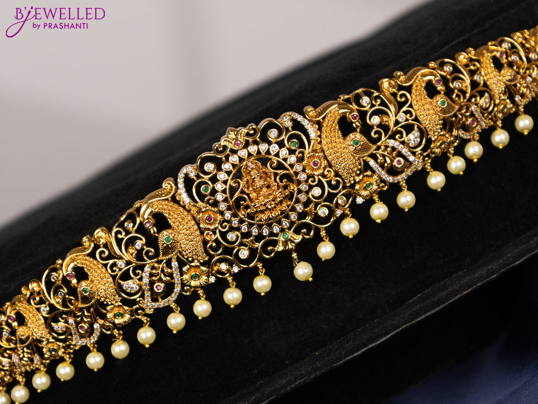 Antique hip chain lakshmi design with kemp & cz stones and pearl hangings