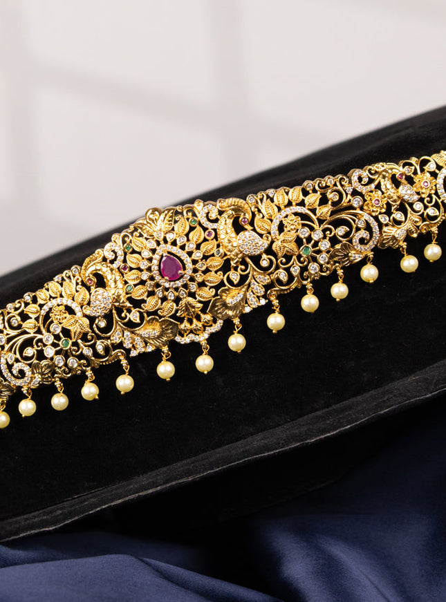 Antique hip chain peacock design with kemp & cz stones and pearl hangings