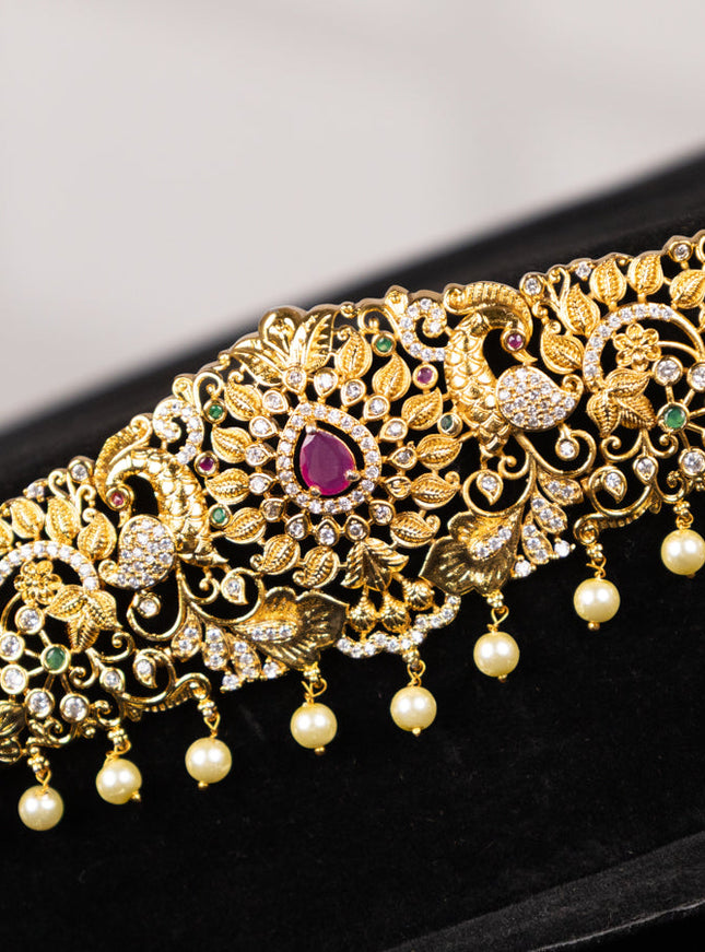 Antique hip chain peacock design with kemp & cz stones and pearl hangings