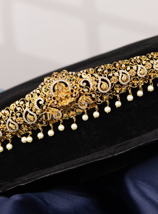 Antique hip chain lakshmi design with kemp & cz stones and pearl hangings