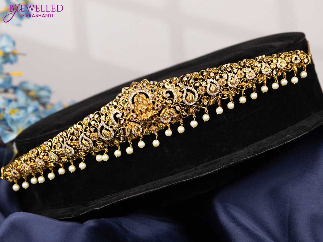Antique hip chain lakshmi design with kemp & cz stones and pearl hangings