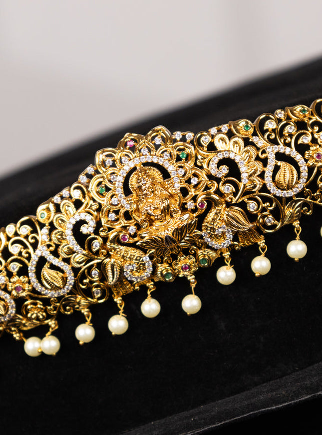 Antique hip chain lakshmi design with kemp & cz stones and pearl hangings