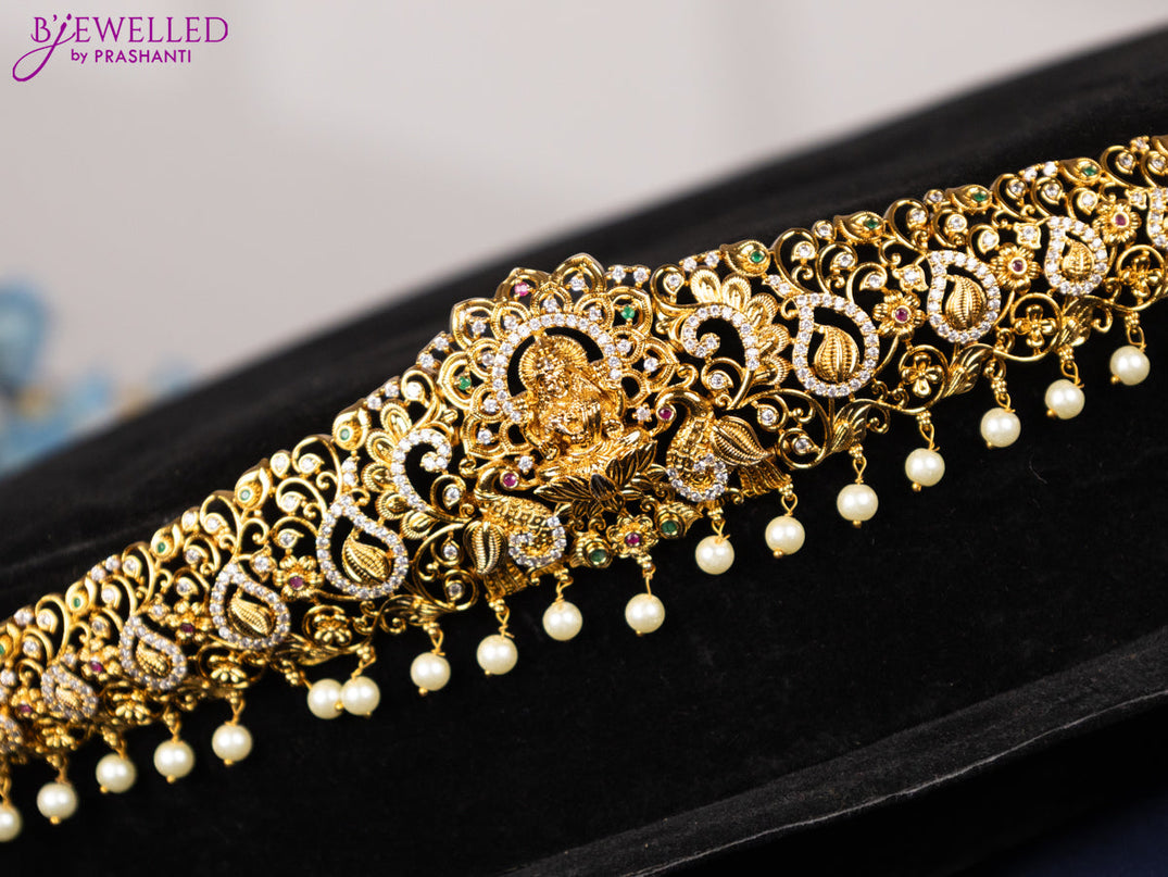 Antique hip chain lakshmi design with kemp & cz stones and pearl hangings