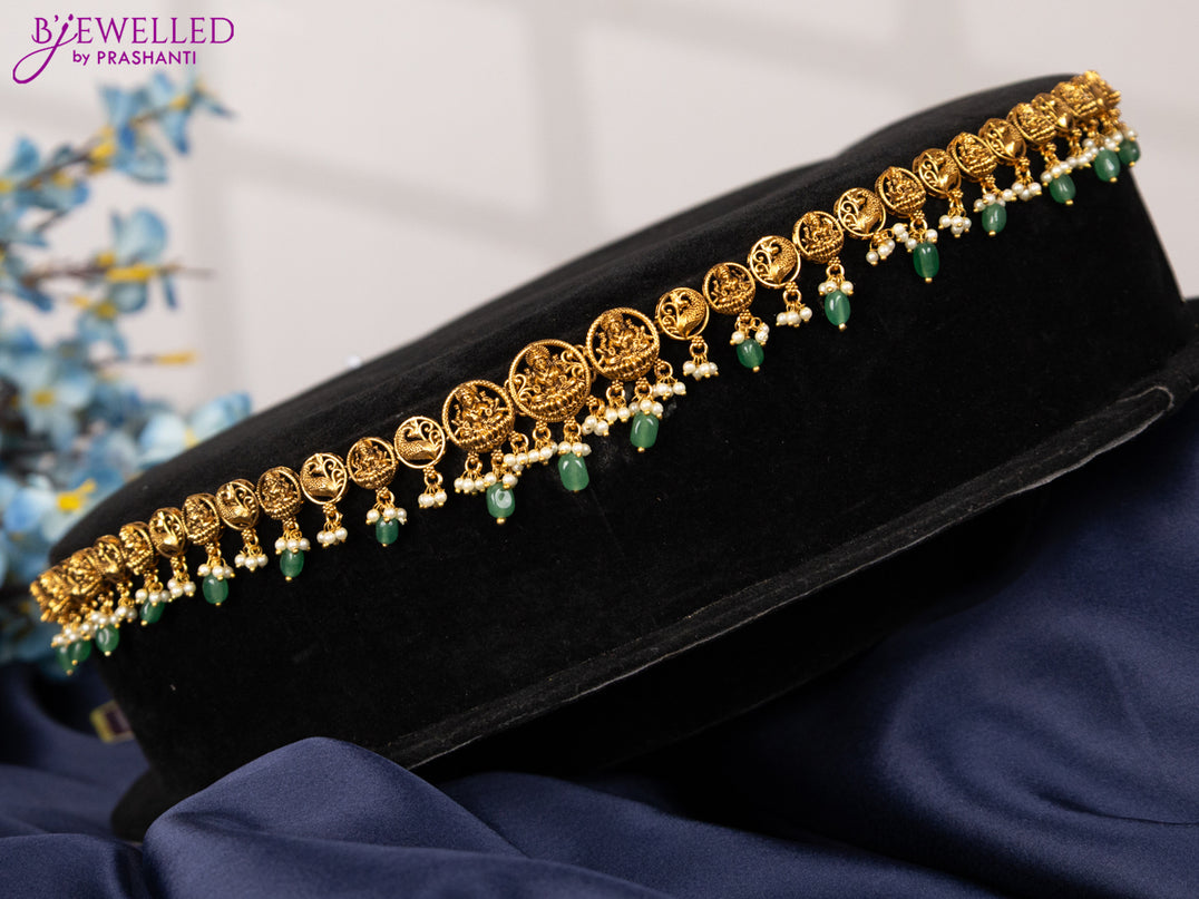 Antique hip chain with lakshmi design and pearl & mint green beads hangings