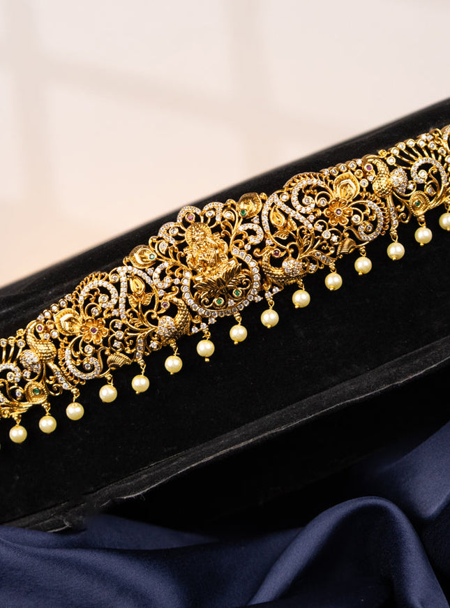 Antique hip chain lakshmi design with kemp & cz stones and pearl hangings
