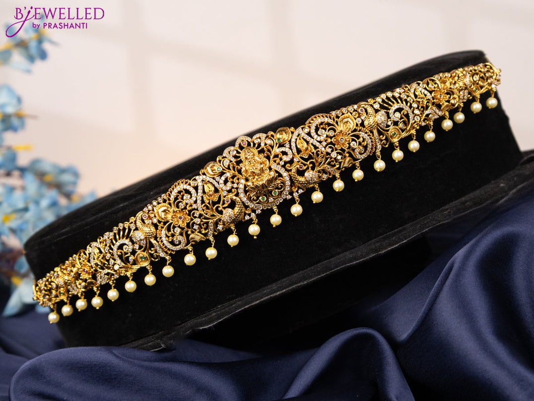Antique hip chain lakshmi design with kemp & cz stones and pearl hangings