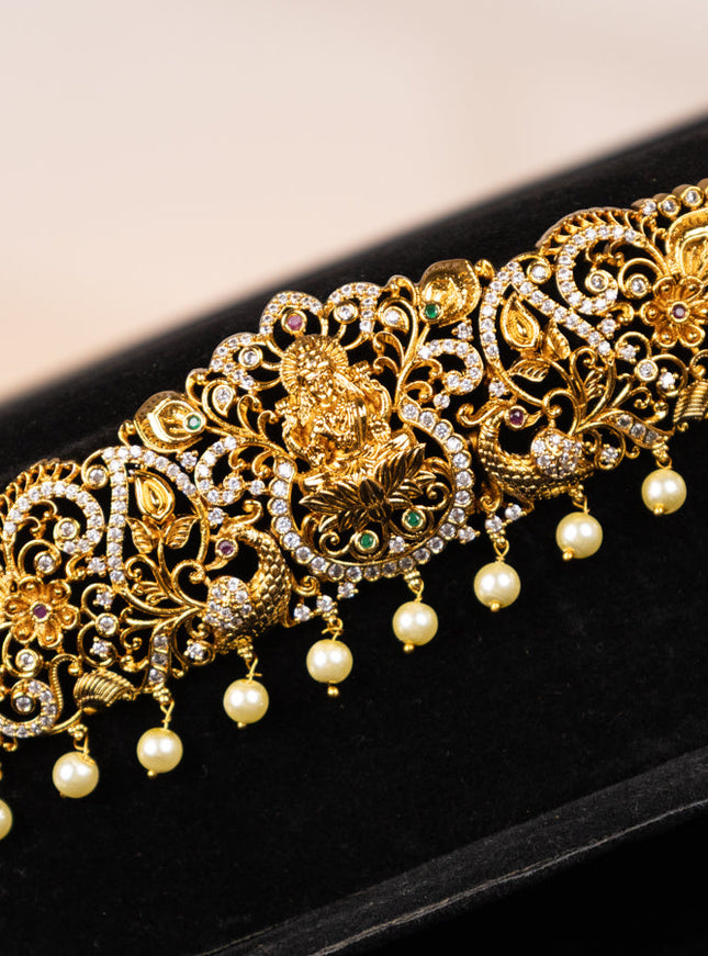 Antique hip chain lakshmi design with kemp & cz stones and pearl hangings
