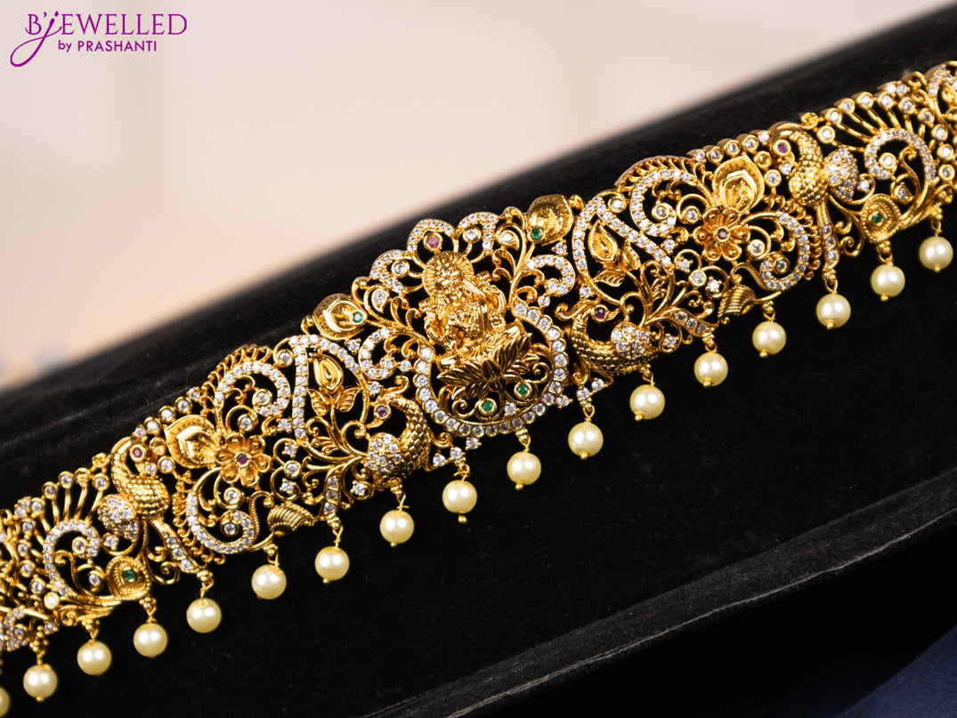 Antique hip chain lakshmi design with kemp & cz stones and pearl hangings