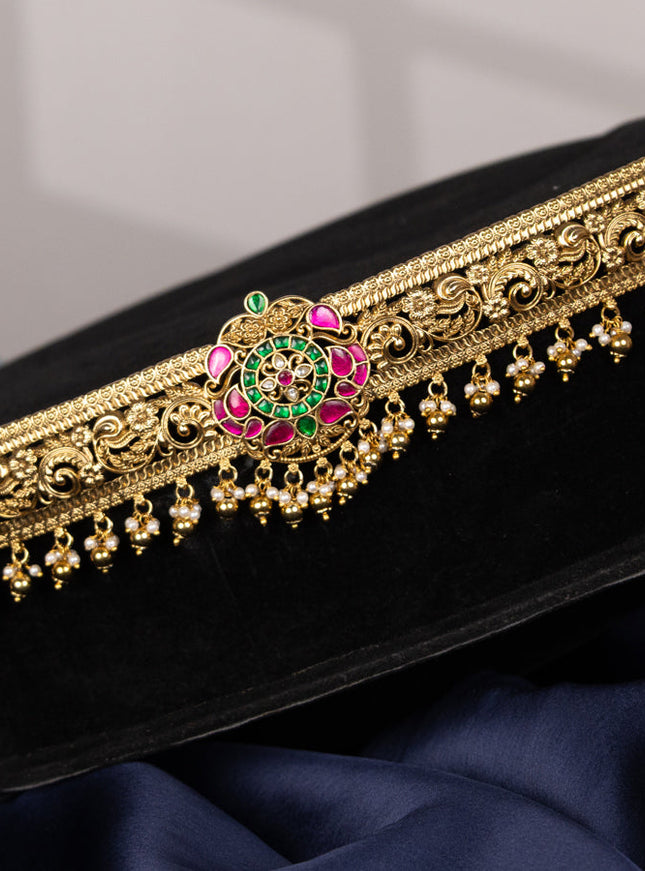 Antique hip belt with kemp jadau kundan stones and pearl & golden beads hangings