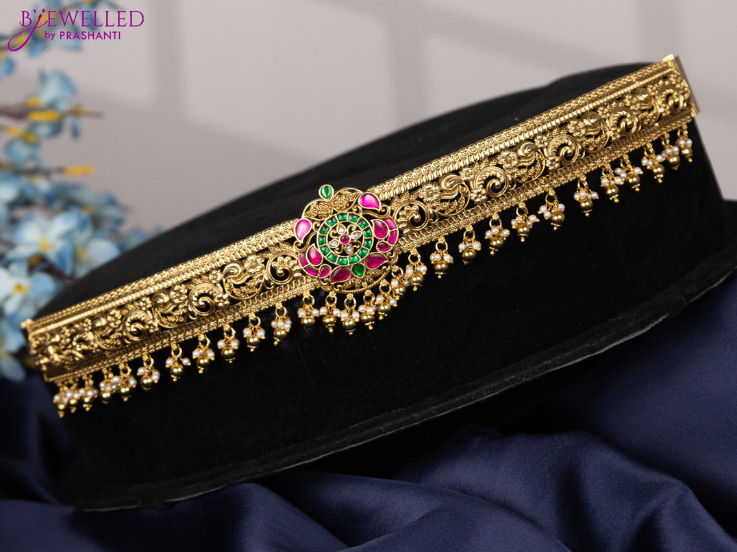 Antique hip belt with kemp jadau kundan stones and pearl & golden beads hangings