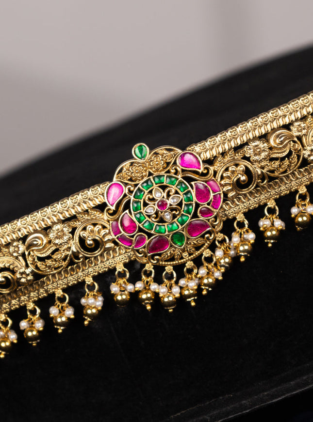 Antique hip belt with kemp jadau kundan stones and pearl & golden beads hangings